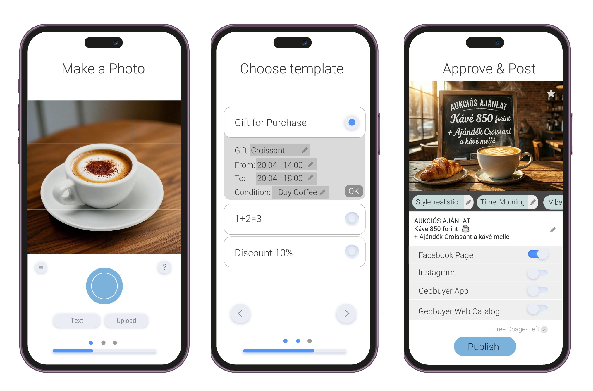 Pantallas de la app GeoBuyer: tomar la foto, elegir plantilla y publicar