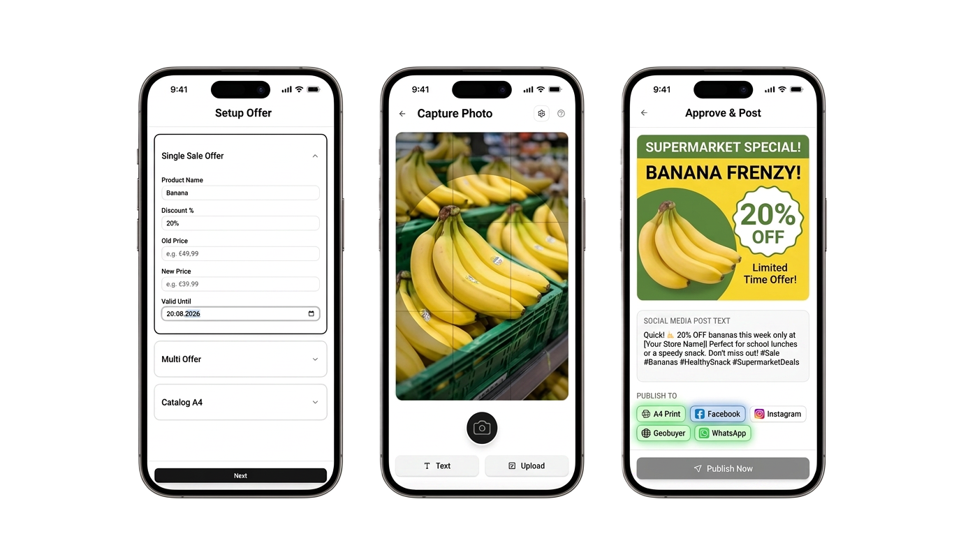 Pantallas de la app GeoBuyer: configurar oferta, capturar foto y publicar promoción
