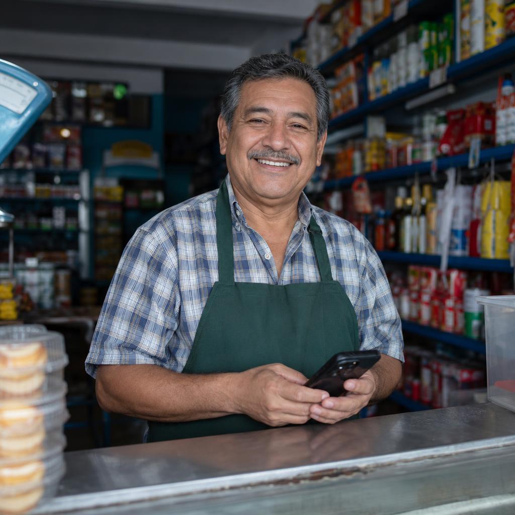 Dueño de una tienda de barrio usando GeoBuyer en su teléfono
